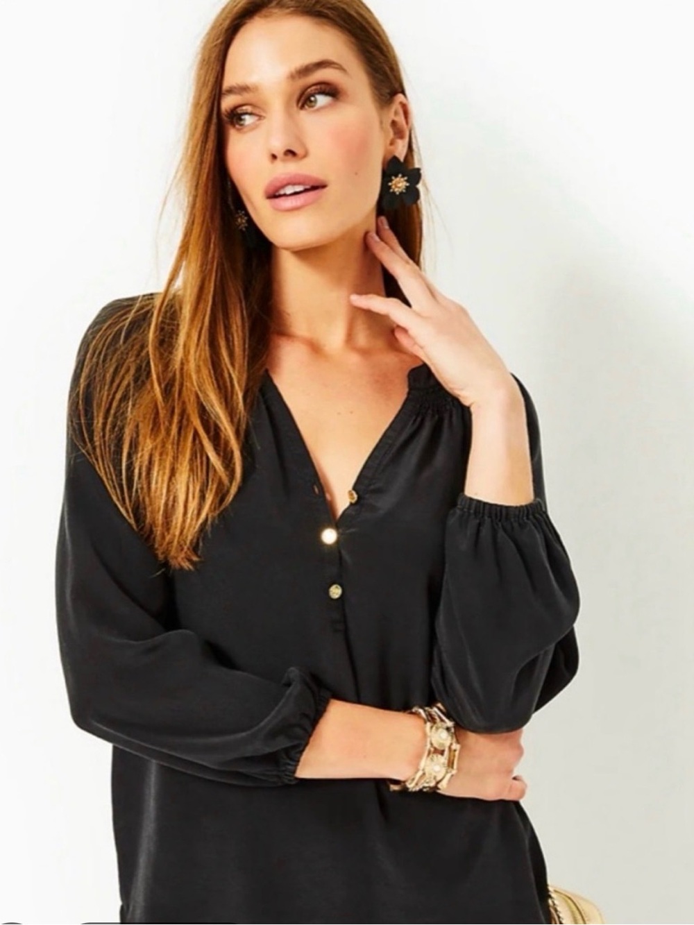 NWT Lilly Pulitzer Black V-Neck Button Blouse